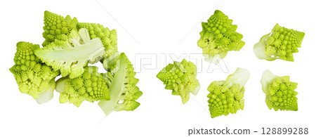 Romanesco broccoli cabbage or Roman Cauliflower isolated on white background. Top view. Flat lay 128899288