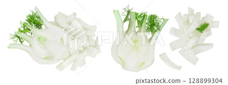 fresh fennel bulb half with slices isolated on white background with full depth of field. Top view. Flat lay fresh fennel bulb half with slices isolated on white background with full depth of field. Top view. Flat lay 128899304