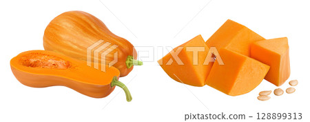 butternut squash half isolated on white background with  full depth of field 128899313