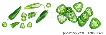 jalapeno peppers isolated on white background. Green chili pepper . Top view. Flat lay 128899321