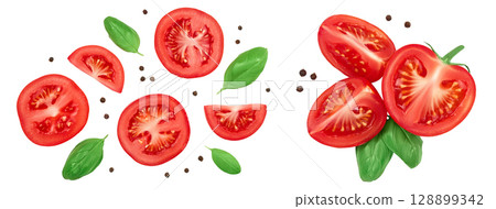 Tomato slices with basil and peppercorns isolated on white background. Clipping path and full depth of field. Top view. Flat lay 128899342