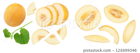 Melon half isolated on white background . Top view. Flat lay Melon half isolated on white background . Top view. Flat lay 128899346
