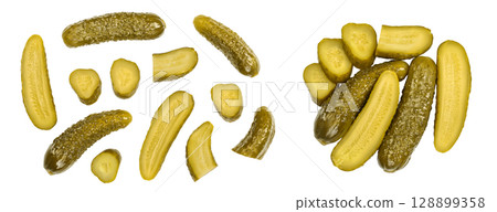 Marinated pickled cucumber isolated on white background with  full depth of field. Top view. Flat lay 128899358