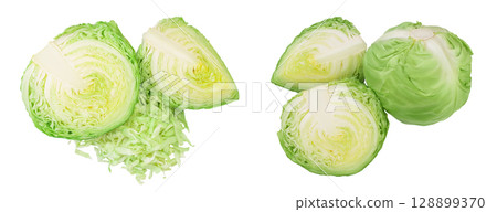 Green cabbage half isolated on white background with full depth of field. Top view. Flat lay. Green cabbage half isolated on white background with full depth of field. Top view. Flat lay. 128899370