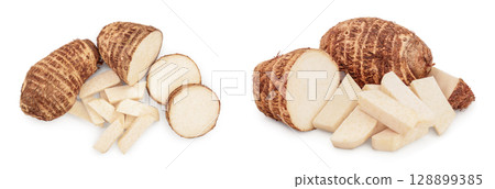 fresh taro root isolated on white background. Top view. Flat lay fresh taro root isolated on white background. Top view. Flat lay 128899385
