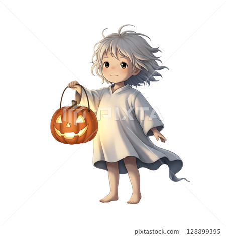 A cute child in a anime-style cartoon Halloween costume, happy for Halloween. White background. 128899395