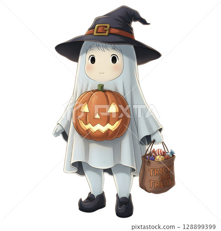 A cute child in a anime-style cartoon Halloween costume, happy for Halloween. White background. 128899399