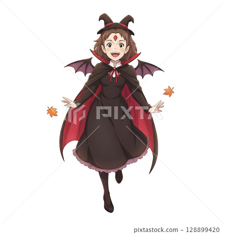 A cute child in a anime-style cartoon Halloween costume, happy for Halloween. White background. A cute child in a anime-style cartoon Halloween costume, happy for Halloween. White background. 128899420