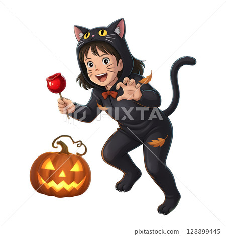 A cute child in a anime-style cartoon Halloween costume, happy for Halloween. White background. 128899445