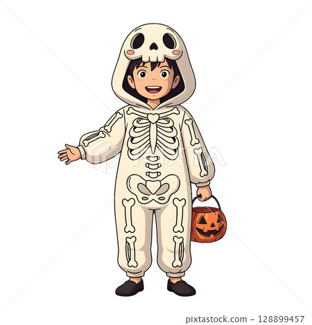 A cute child in a anime-style cartoon Halloween costume, happy for Halloween. White background. 128899457