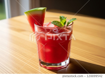 Watermelon Juice in Glass with Ice and Mint Garnish 128899542