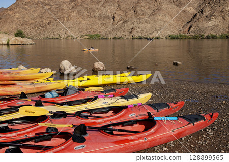 Bright Kayaks Lined on Willow Beach Ready for Tourists to Kayak the Colorado River 128899565