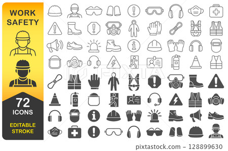 Work safety equipment editable line icons set. Safety icon symbol collection. Essential construction and industry signs. Safety and health protection equipment. Vector illustration image. Isolated   128899630