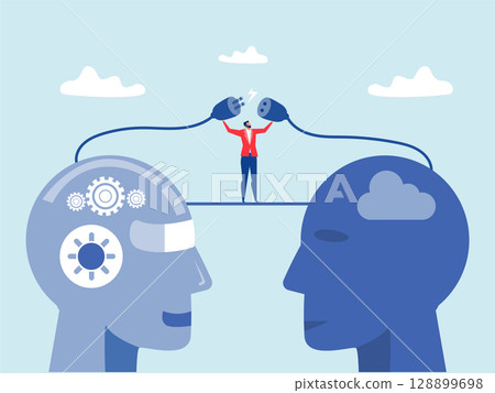 Businessman and Robot Connecting Plugs, human ai collaboration,Working together, cooperation, partnership. Human and artificial intelligence connect plug to outlet. 128899698