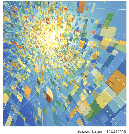 Blue and yellow square geometric background perspective 128899938