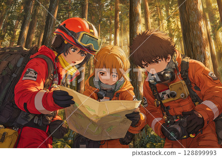 Cartoon style illustration of a rescue team checking a map in a forest 128899993