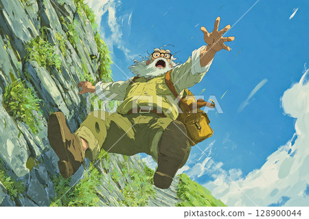 Anime-style illustration of an elderly man about to slip and fall while climbing a mountain Anime-style illustration of an elderly man about to slip and fall while climbing a mountain 128900044
