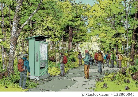 Anime-style illustration of climbers checking the signboard at the entrance to a hiking trail Anime-style illustration of climbers checking the signboard at the entrance to a hiking trail 128900045