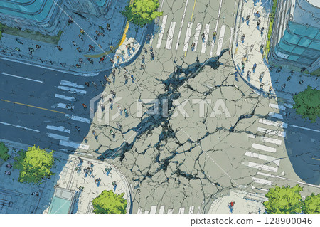 動漫風格的俯視圖插圖，描繪了城市交叉路口地面上的巨大裂縫 128900046
