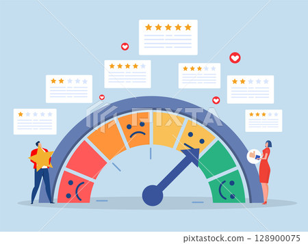 businessman review employee performance with gauge and star.Performance review, employee rating assessment,quality scale feedback vector 128900075