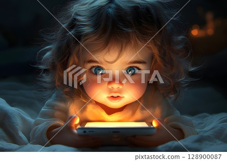 A small baby lies in a dark room, eyes wide, gazing at a phone screen that casts a bright glow on its face. 128900087
