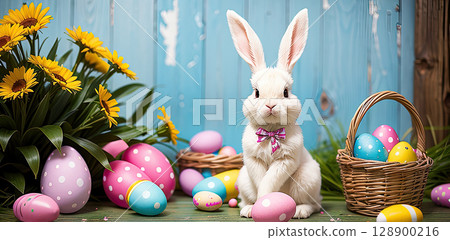 Easter bunny, dyed eggs, daffodil flowers, Easter. 128900216