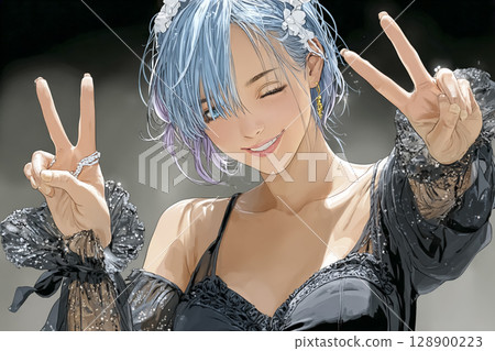 Maid cafe - Illustration of a smiling woman making a V sign pose 128900223
