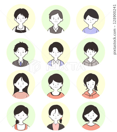 A set of male and female character icons with transparent background. Simple line drawing style of people with various expressions from young to middle-aged. 128900241