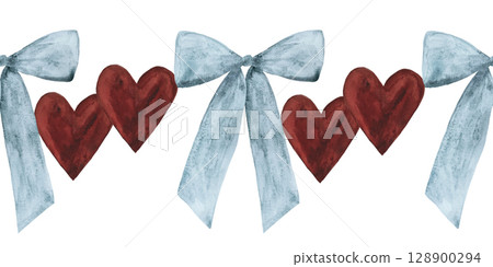 Seamless watercolor border featuring blue bows and dark red hearts on a white background. Elegant and charming, perfect for romantic designs, Valentine's Day themes, and special occasion decorations 128900294