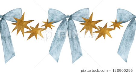 Seamless watercolor border featuring blue bows and asymmetrical yellow stars of varying sizes on a white background. Playful and festive, perfect for children's designs, baby showers, and celebratory Seamless watercolor border featuring blue bows and asymmetrical yellow stars of varying sizes on a white background. Playful and festive, perfect for children's designs, baby showers, and celebratory 128900296