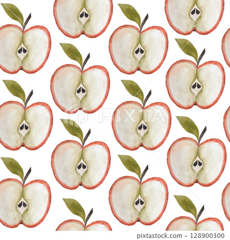 Seamless watercolor pattern featuring apple halves with stem, leaf, and seeds on a white background. Fresh and inviting, perfect for healthy eating designs, autumn themes, and food-related projects 128900300