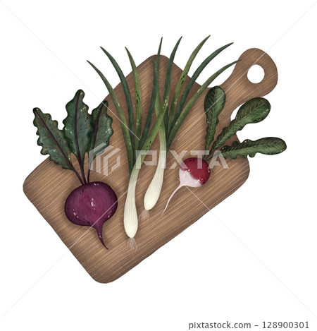 A watercolor illustration of fresh vegetables on a wooden cutting board against a white background, featuring green onions, beetroot, and radishes with leaves. This vibrant and natural design is 128900301