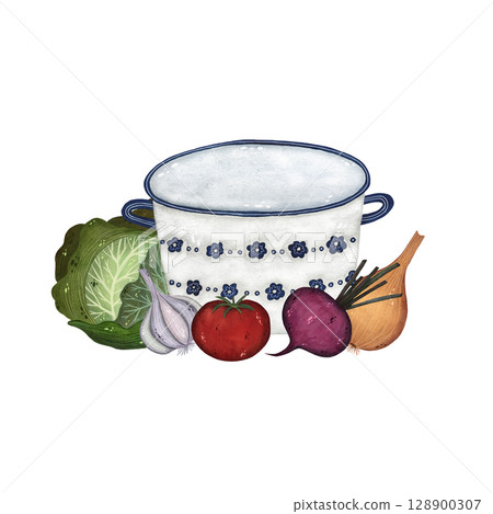 Watercolor illustration featuring a cooking pot, cabbage, garlic, onion, beetroot, and tomato on a white background. Rustic and inviting, perfect for recipe illustrations, culinary designs, and 128900307