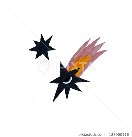 A watercolor illustration featuring a black falling star with eyes and a yellow-pink fiery tail, accompanied by a matching black star on a white background. This bold and surreal design combines A watercolor illustration featuring a black falling star with eyes and a yellow-pink fiery tail, accompanied by a matching black star on a white background. This bold and surreal design combines 128900316