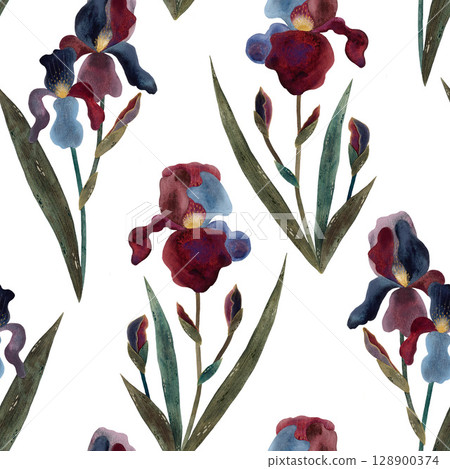 Seamless watercolor pattern of iris flowers with leaves, stems, and buds in shades of blue, burgundy, and pink on a white background. Elegant and floral, perfect for textile designs, wallpaper, and 128900374