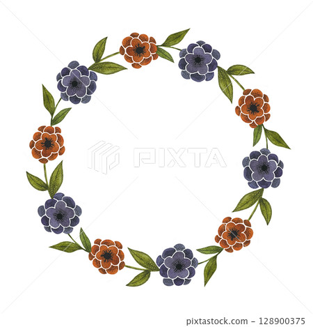 Watercolor round frame featuring stylized orange and lilac flowers with leaves on a white background. Cheerful and artistic, perfect for wedding invitations, greeting cards, and spring designs. Hand Watercolor round frame featuring stylized orange and lilac flowers with leaves on a white background. Cheerful and artistic, perfect for wedding invitations, greeting cards, and spring designs. Hand 128900375