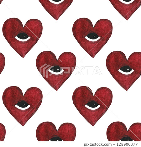 Seamless watercolor pattern of red hearts with eyes on a white background. Cute and quirky, perfect for Valentine's Day, love-themed designs, and playful projects. Hand-painted and charming. Ideal for Seamless watercolor pattern of red hearts with eyes on a white background. Cute and quirky, perfect for Valentine's Day, love-themed designs, and playful projects. Hand-painted and charming. Ideal for 128900377