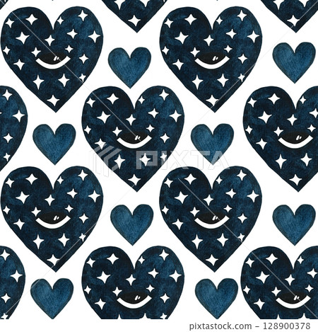 Seamless watercolor pattern of blue hearts with eyes and star patterns on a white background. Cute and playful, perfect for Valentine's Day, baby showers, and children's designs. Hand-painted and Seamless watercolor pattern of blue hearts with eyes and star patterns on a white background. Cute and playful, perfect for Valentine's Day, baby showers, and children's designs. Hand-painted and 128900378