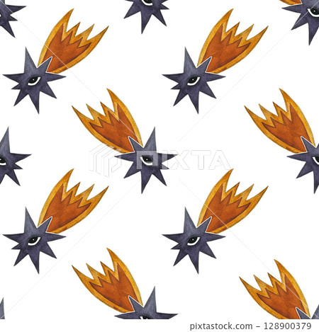 Seamless watercolor pattern of lilac comets with eyes and yellow flame tails on a white background. Whimsical and unique, perfect for children's designs, space themes, and imaginative projects. Hand 128900379