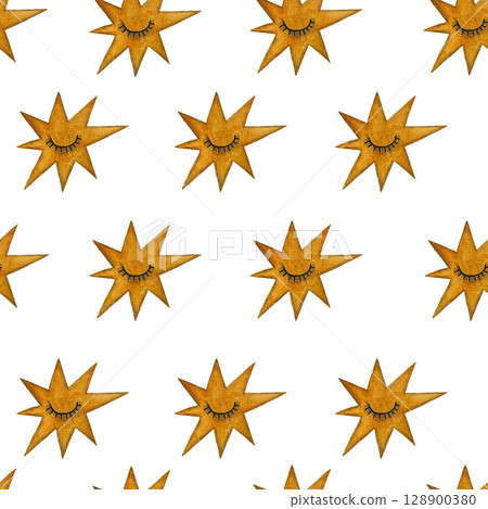 Seamless watercolor pattern of sleepy yellow stars on a white background. Cute and whimsical, perfect for children's textiles, nursery wallpaper, and baby shower designs. Hand-painted and charming Seamless watercolor pattern of sleepy yellow stars on a white background. Cute and whimsical, perfect for children's textiles, nursery wallpaper, and baby shower designs. Hand-painted and charming 128900380