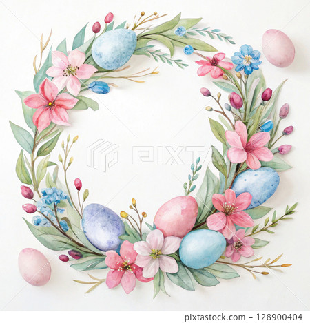 Celebrating Easter with traditional decorated eggs, colorful eggs, soft spring floral accents, fun and warm atmosphere, perfect for an Easter greeting card, vintage or watercolor style 128900404