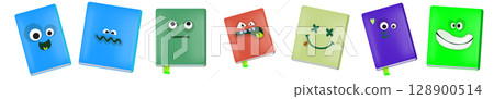 vector funny cartoon smiling books character set isolated on white background. Funky BOOKs collection face with different expressions smiling, sad, angry, funny face. School funky character set 128900514