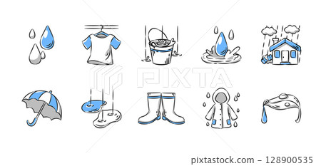 Rainy season hand drawn icon collection. Set 1 of 4. Vector illustration. 128900535
