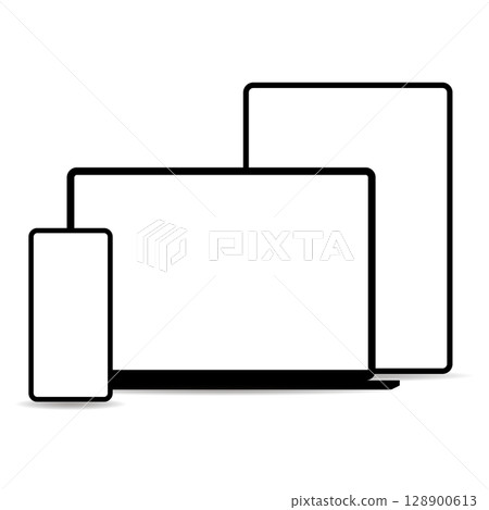 智慧型手機、筆記型電腦和平板電腦在白色背景上排列的圖像 128900613
