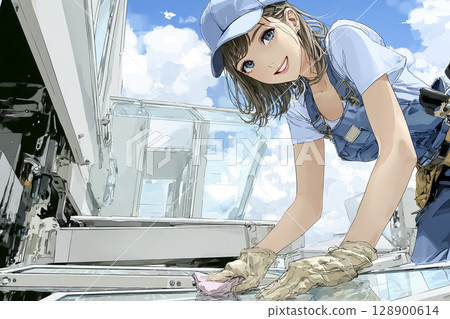 Illustration material of a woman wiping windows 128900614