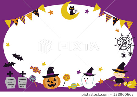 Halloween frame with pumpkin, ghost and witch illustration Halloween frame with pumpkin, ghost and witch illustration 128900662