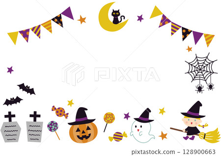 Transparent Halloween frame with cute illustrations of ghosts and pumpkins Transparent Halloween frame with cute illustrations of ghosts and pumpkins 128900663