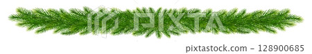 Christmas border of realistic green fir tree, spruce branches. Christmas tree branches frame for greeting New Year and Christmas cards, banners, invitations. Vector illustration 128900685