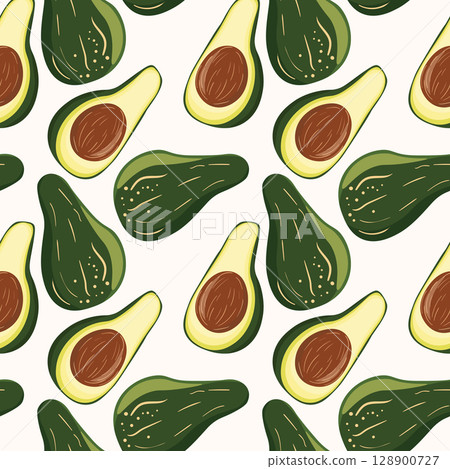 Cute avocado isolated on white background. Avocados with leaves and slice. Natural delicious fresh ripe tasty summer fruit. Vector illustration for packaging, card, other design. Food concept Cute avocado isolated on white background. Avocados with leaves and slice. Natural delicious fresh ripe tasty summer fruit. Vector illustration for packaging, card, other design. Food concept 128900727