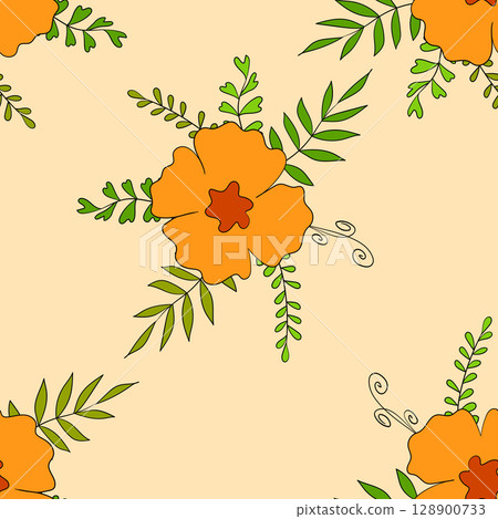 Seamless floral pattern based on traditional folk art ornaments. Colorful flowers on color background. Scandinavian style. Sweden nordic style. Vector illustration. Simple minimalistic pattern 128900733